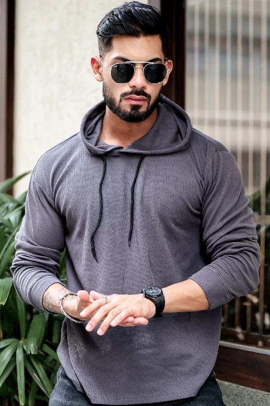 men's casual wear hoodies-Dark Grey Waffle Hooded T-Shirt