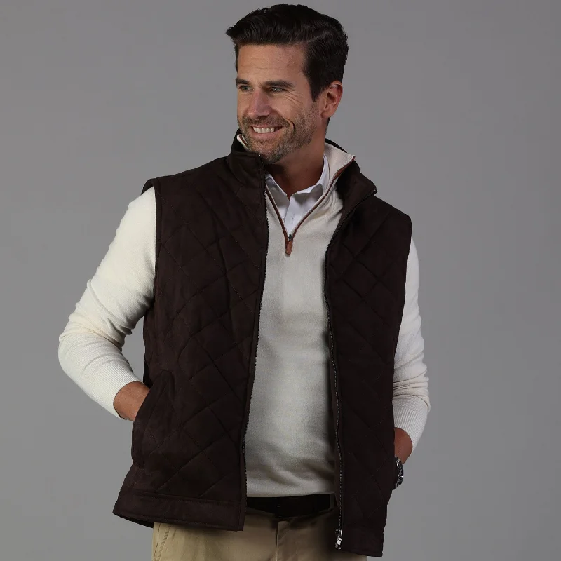 men's summer vests-Brown Tech Suede Cambridge Quilted Vest