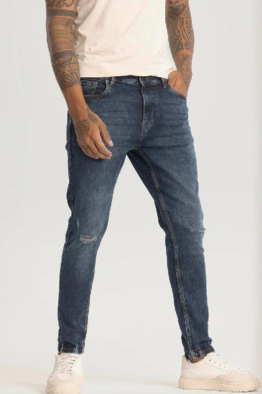 men's wide leg trousers-Blue Distressed Skinny Fit Jeans