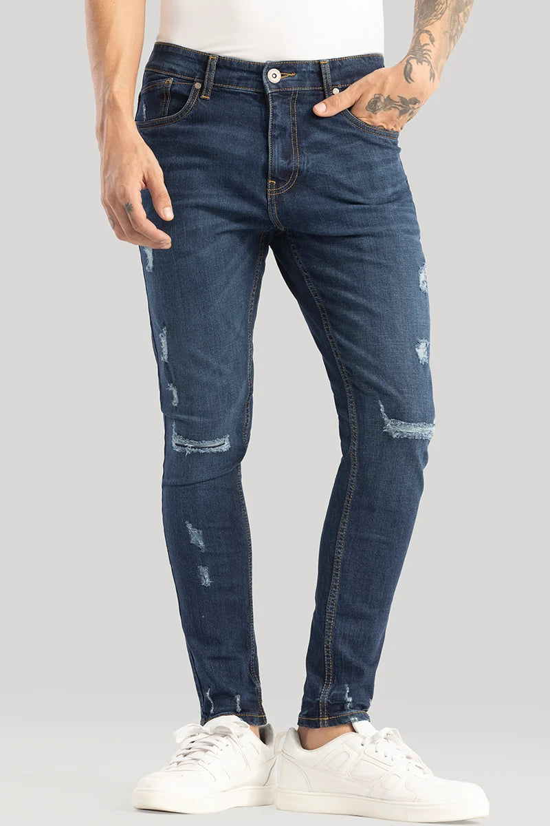 men's low rise pants-Ilaria Denim Blue Distressed Skinny Fit Jeans