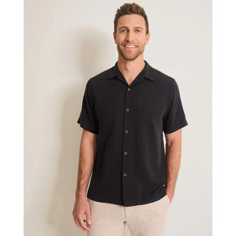 men's plaid shirts-Tommy Bahama Men's Maui Border Silk Camp Shirt - Black