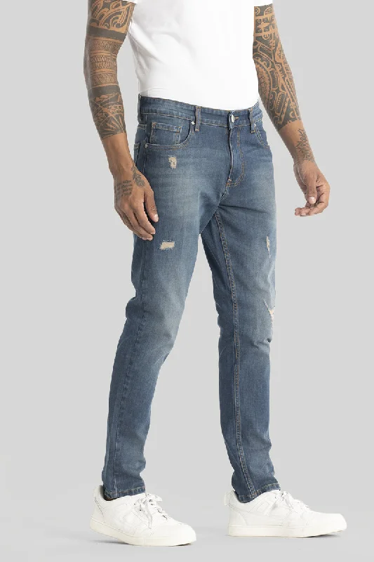 men's slim fit pants-Slick Dark Blue Distressed Slim Fit Jeans