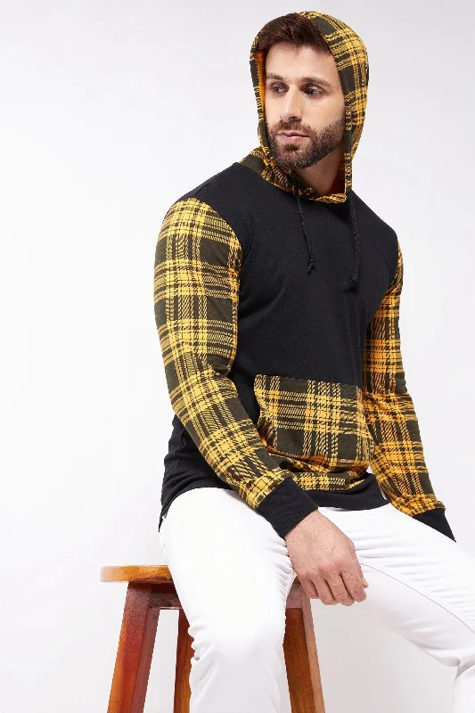 men's luxury hoodies-Yellow and Black Hooded Full Sleeve  Tshirt