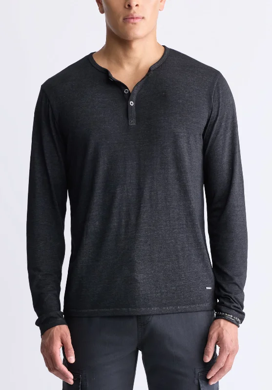 men's party t-shirts-Kaduk Men's Long-Sleeve Burnout Henley Top, Black - BM24237