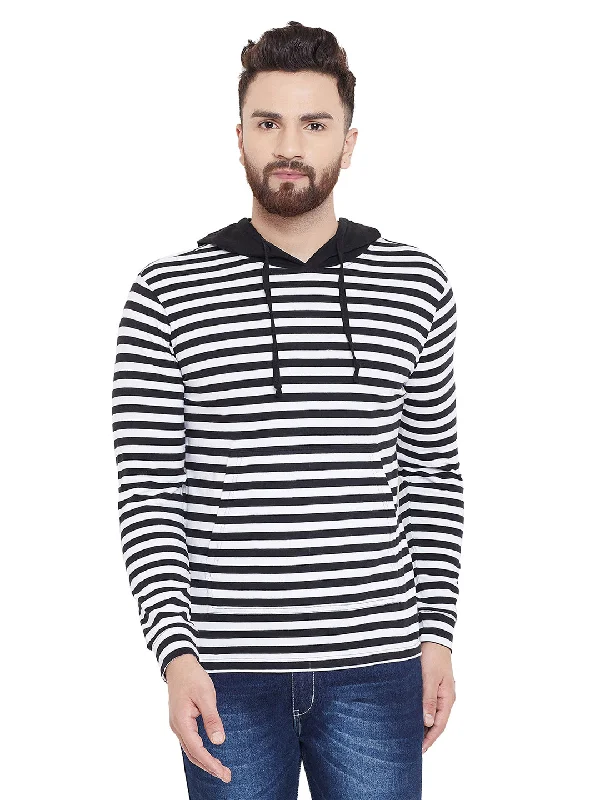 men's striped hoodies-White/Black Striper Hooded Full Sleeves T-Shirt