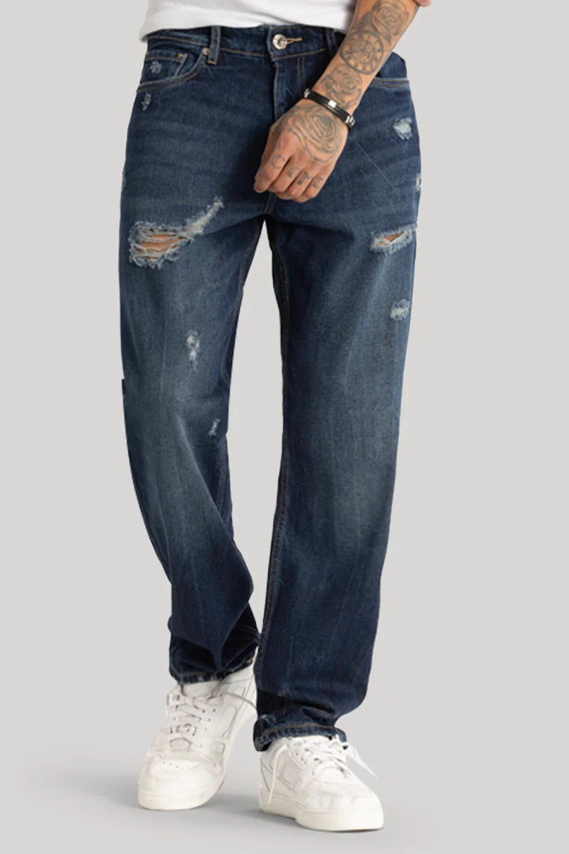 men's low rise pants-Navy Distressed Relaxed Fit Jeans