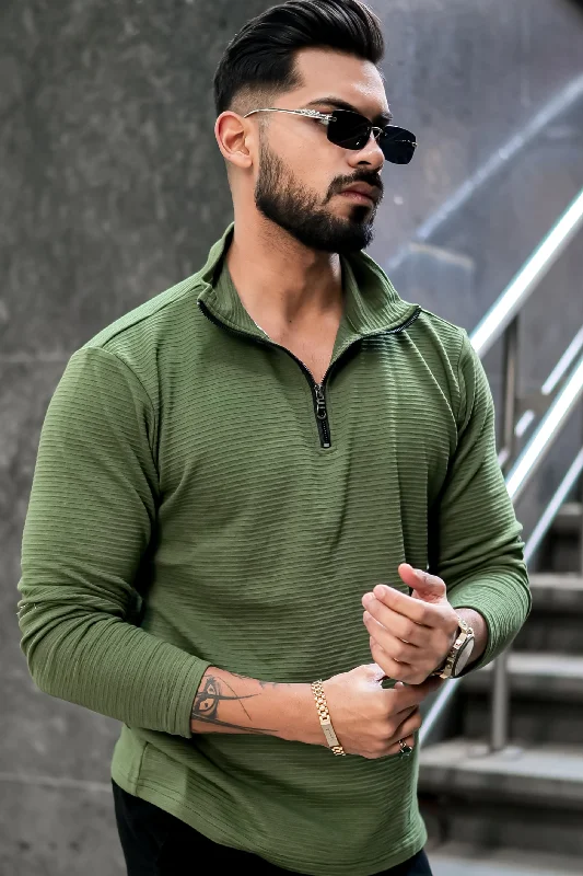 men's crew neck t-shirts-Green Textured Zipper T-Shirt