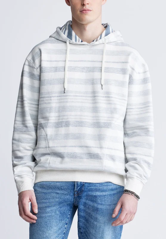 men's cozy sweatshirts-Fazel Men's Striped Hoodie, White with Light Blue - BM24456