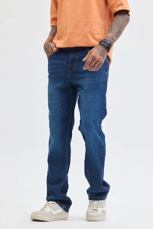 men's low rise pants-Dark Blue Straight Fit Jeans