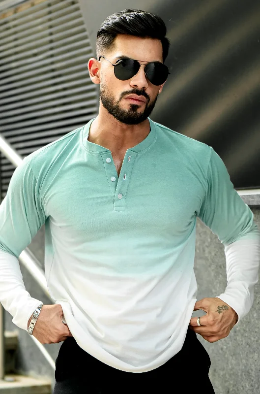 men's training t-shirts-Green and White Ombre Dyed Henley T-Shirt