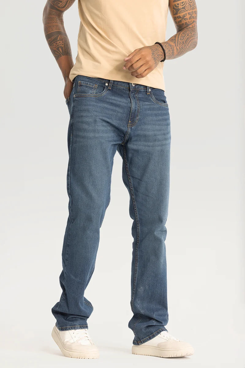 men's slim jeans-Blue Plain Straight Fit Jeans