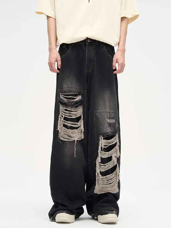 men's straight leg pants-Faded Distressed Patchwork Jeans