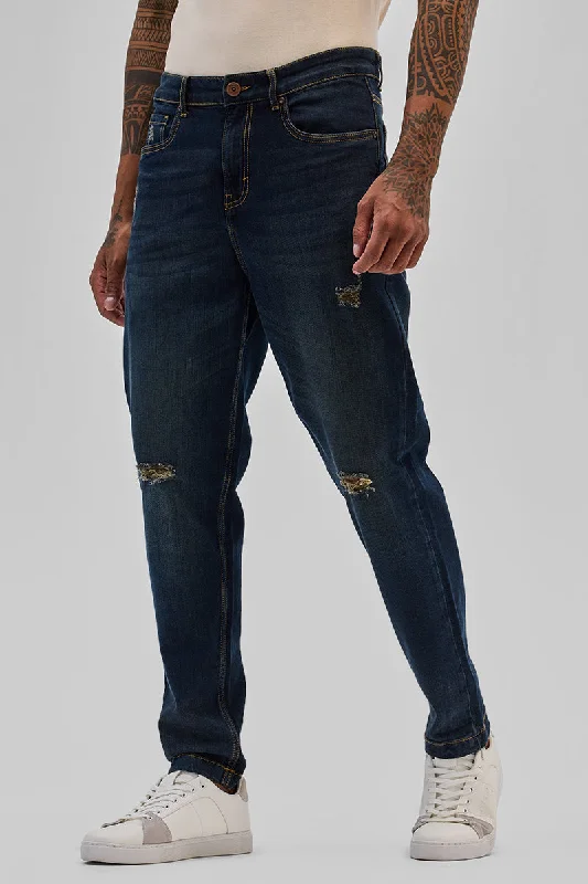 men's skinny pants-Navy Distressed Slim Fit Jeans