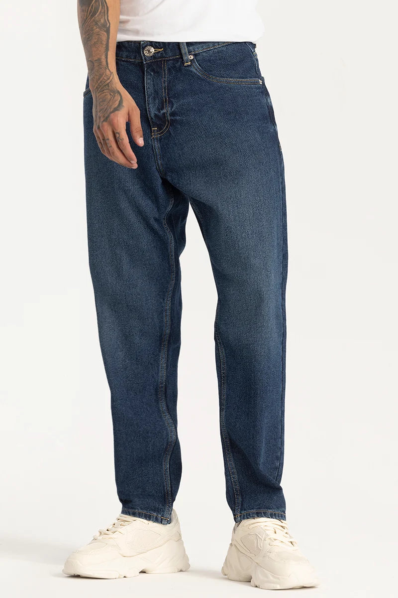 men's tapered pants-Indigo Plain Baggy Fit Jeans