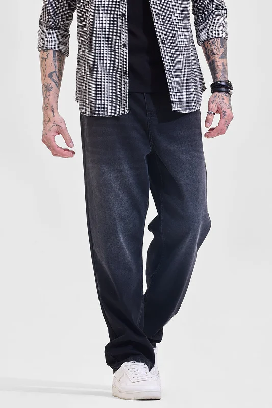 men's lounge pants-Black Mid Rise Baggy Fit Jeans