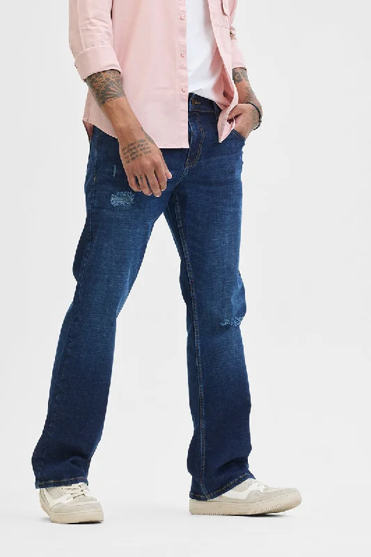 men's trendy trousers-Navy Distressed Bootcut Jeans