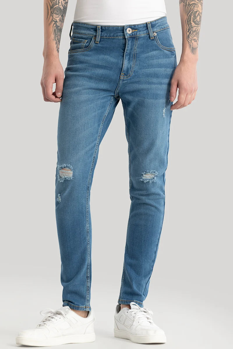 men's stretch jeans-Pascaline Blue Distressed Slim Fit Jeans