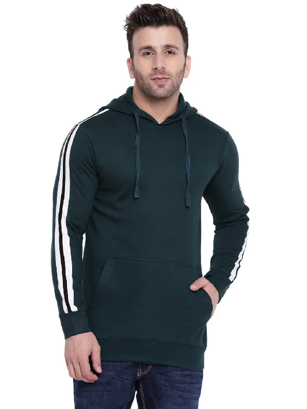 men's cozy hoodies-Dark Green/White Full Sleeves Hooded Sweatshirt with Kangaroo Pocket