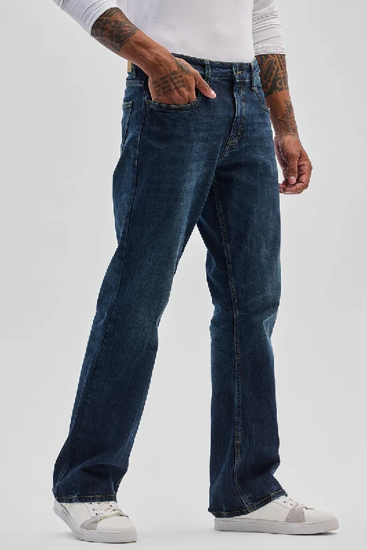 men's home wear trousers-Dark Blue Bootcut Jeans