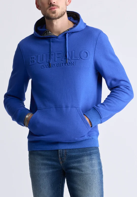 men's smooth sweatshirts-Fadol Men's Embossed Logo Hooded Sweatshirt, Blue - BPM13610V