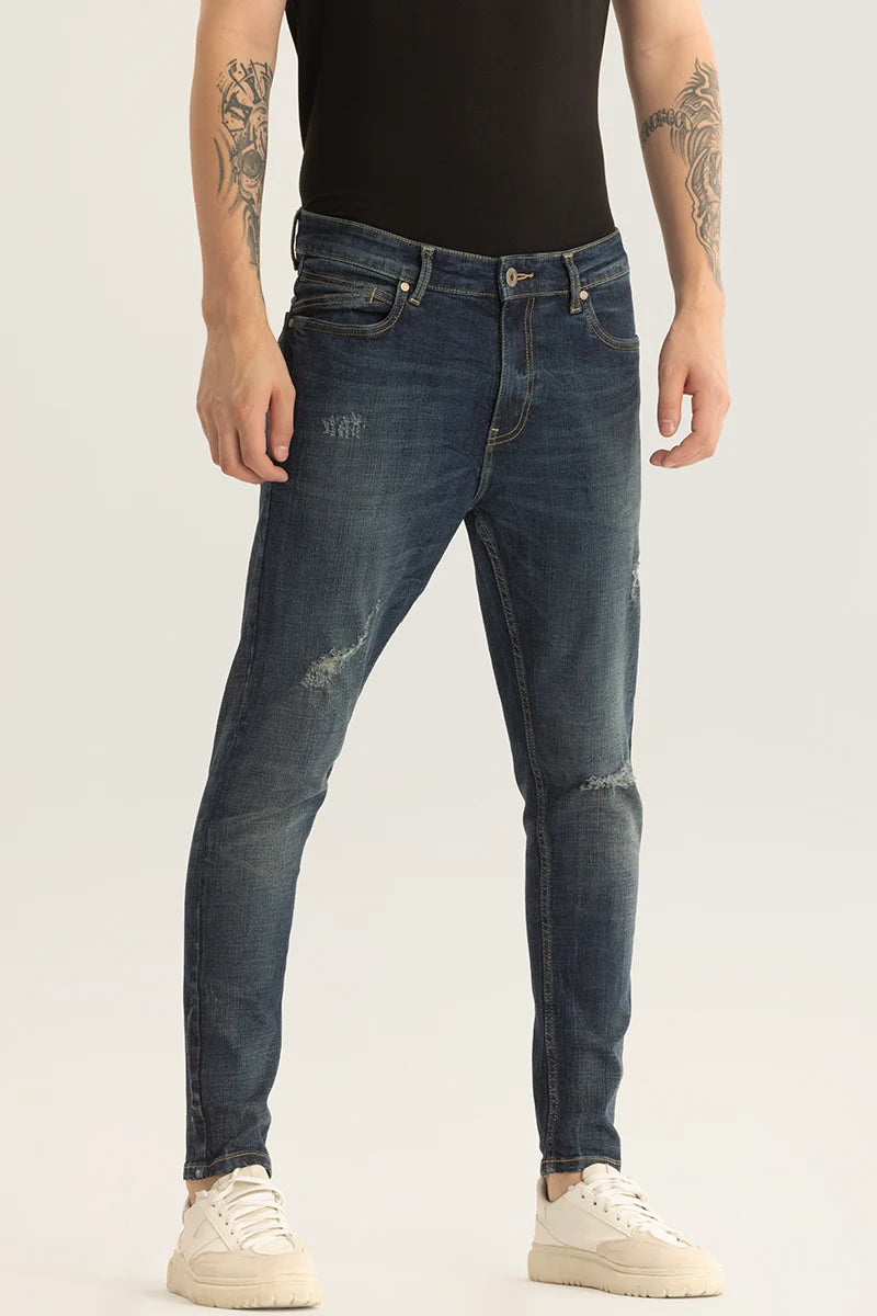 men's travel pants-Horizon Dark Blue Distressed Skinny Fit Jeans