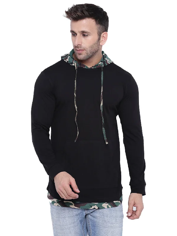 men's water-resistant hoodies-Black Army Print Full Sleeve Hooded T-Shirt