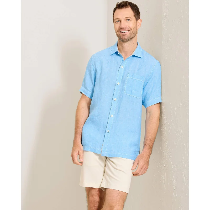 men's linen shirts-Tommy Bahama Men's Paradise Breezer Short Sleeve Linen Camp Shirt - Glass Bead Blue