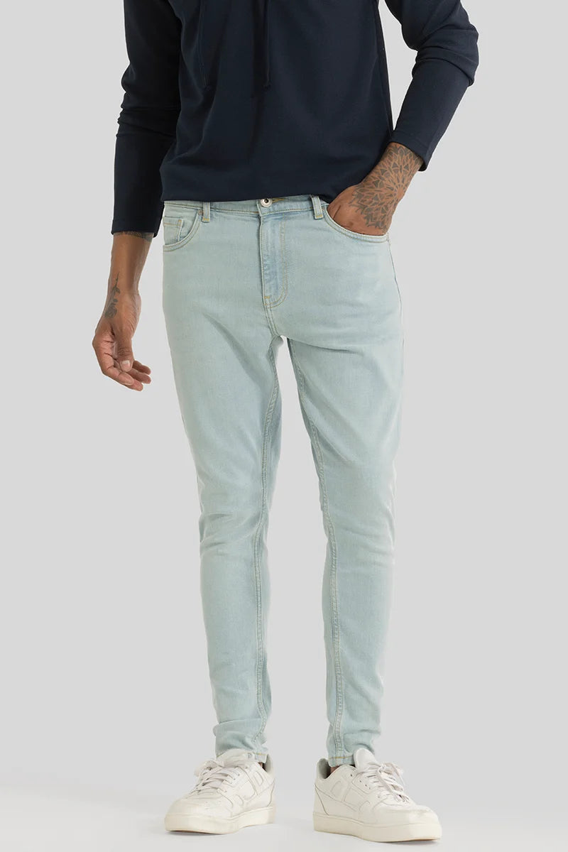 men's lightweight pants-Electric Light Blue Plain Skinny Fit Jeans