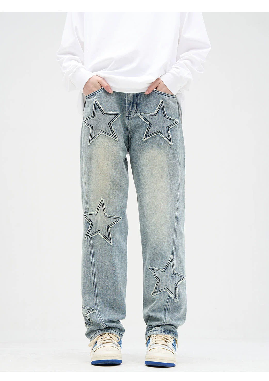 men's bootcut jeans-Star Patchwork Faded Straight Fit Jeans