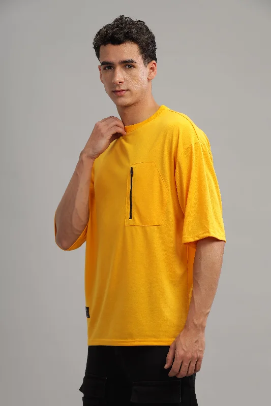 men's trendy fashion t-shirts-Mustard Oversized Solid Zipper Pocket T-Shirt