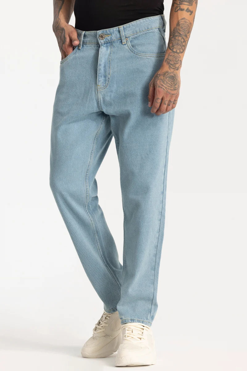 men's skinny pants-Blue Plain Baggy Fit Jeans