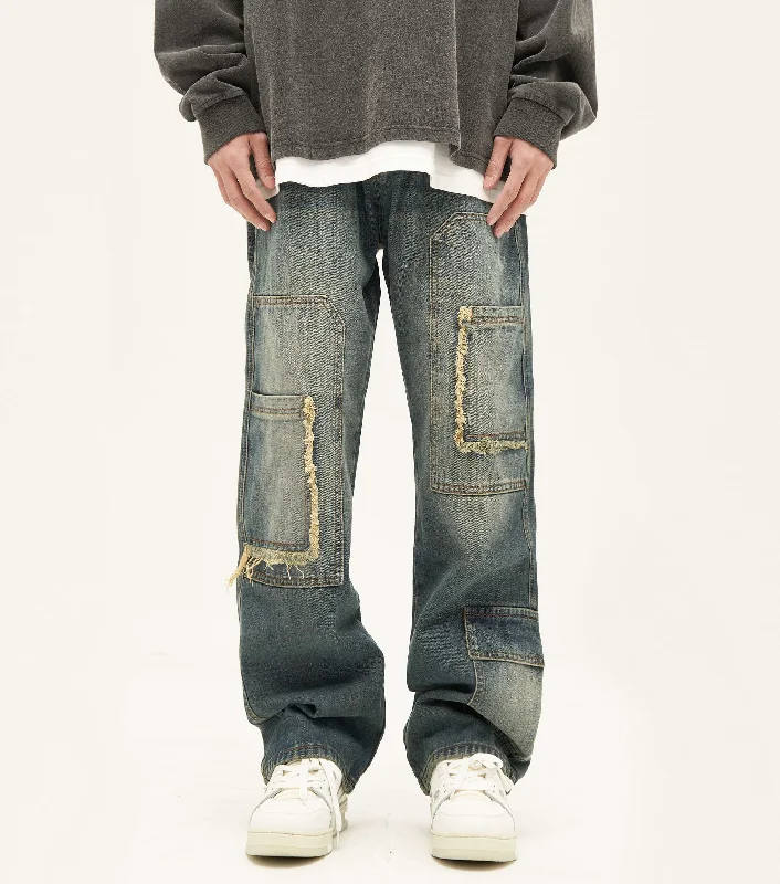 men's elastic waist pants-Distressed Patchwork Pocket Jeans