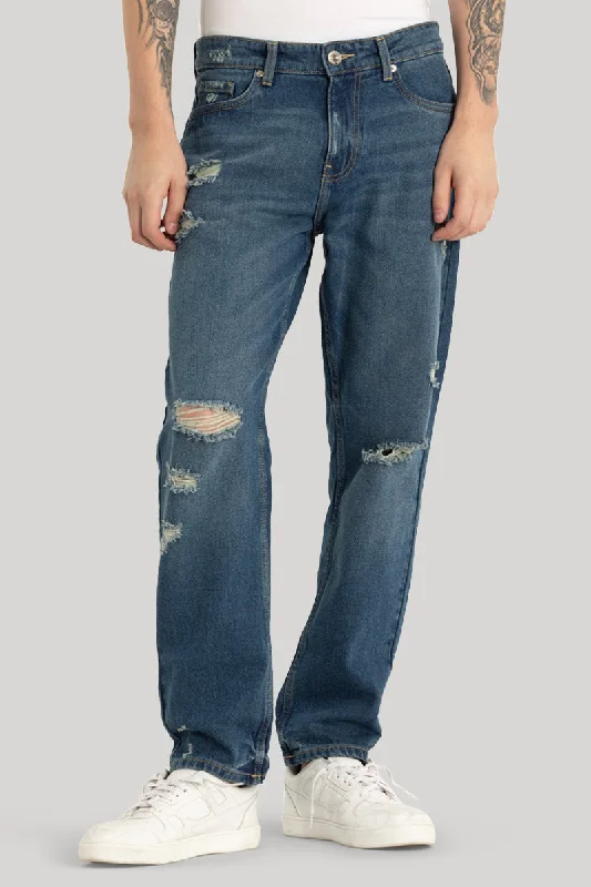 men's eco-friendly pants-Blue Distressed Relaxed Fit Jeans