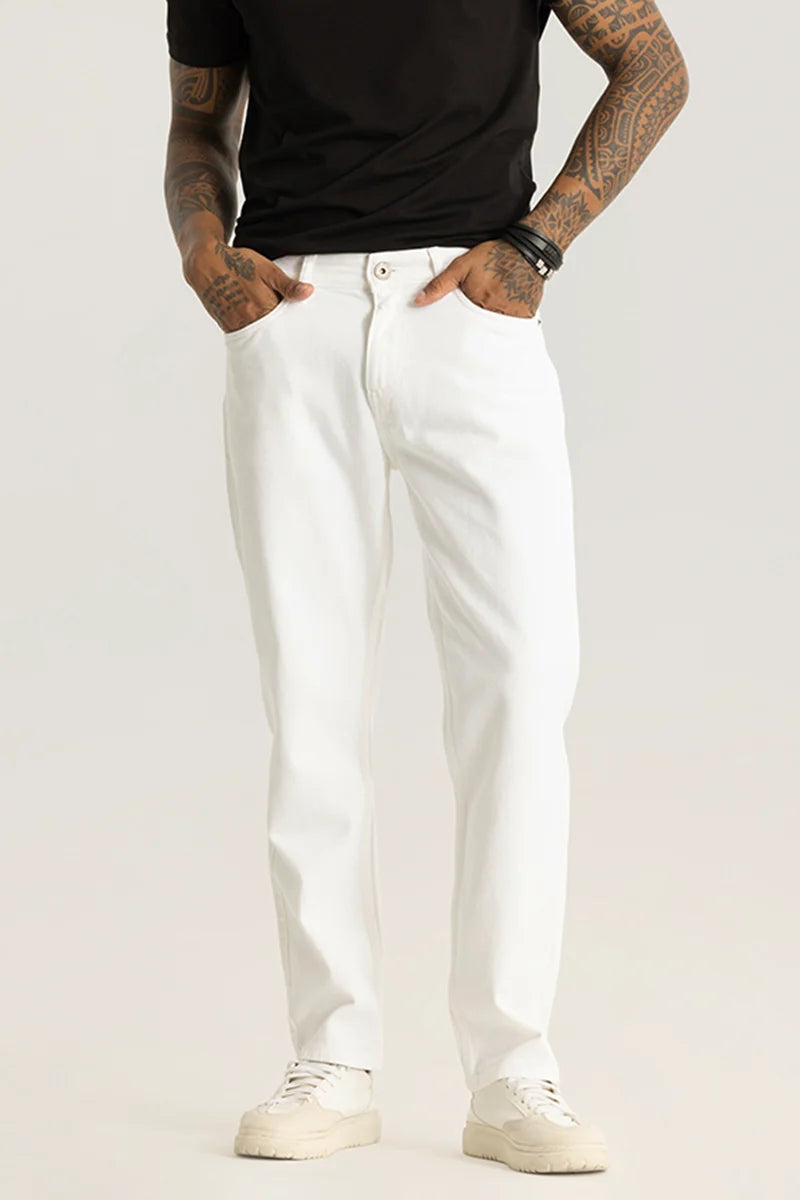 men's khaki pants-Etienne White Plain Relaxed Fit Jeans