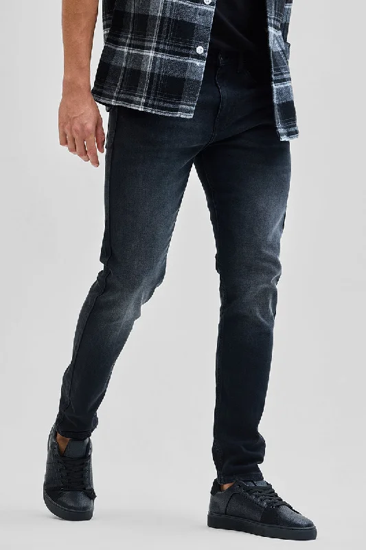 men's trendy trousers-Charcoal Black Tapered Fit Jeans