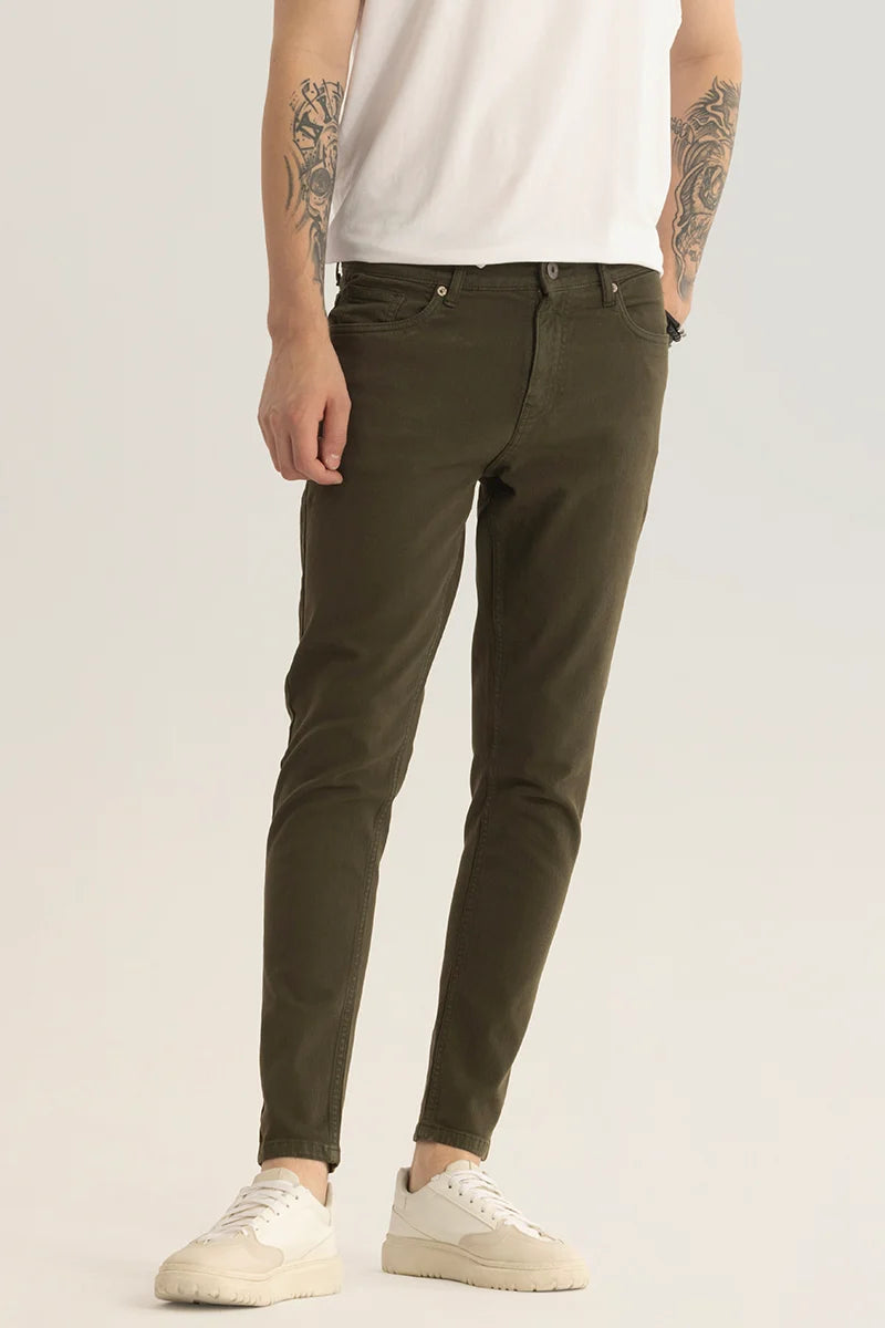 men's running pants-Quantum Olive Plain Skinny Fit Jeans