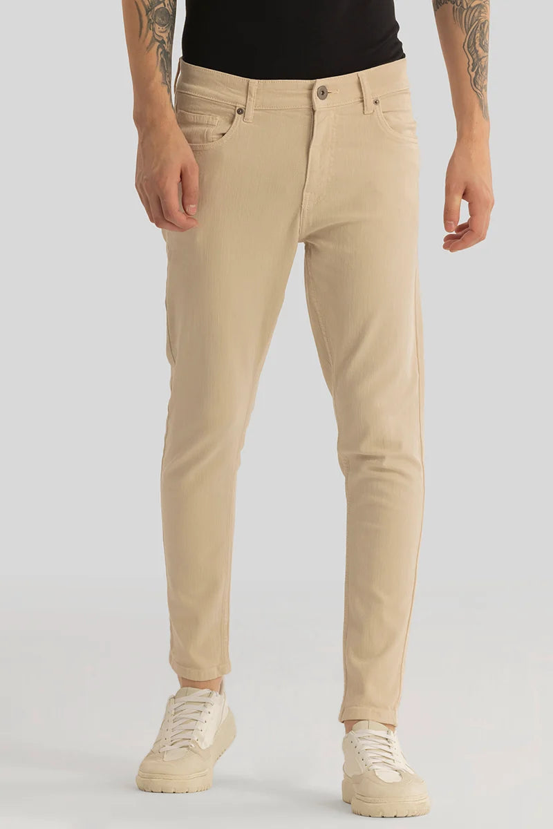 men's high rise pants-Quantum Cream Plain Skinny Fit Jeans