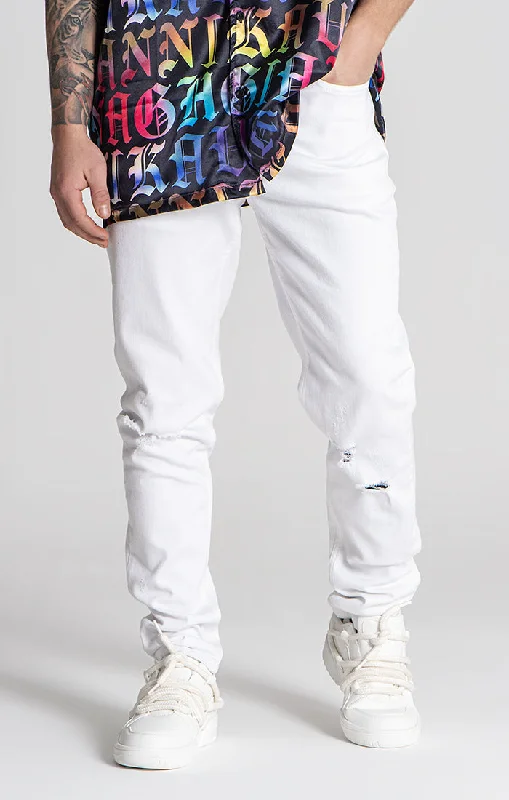 men's drawstring pants-White GK Ripped Carrot Jeans