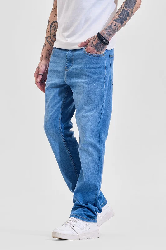 men's party trousers-Blue Mid Rise Straight Fit Jeans