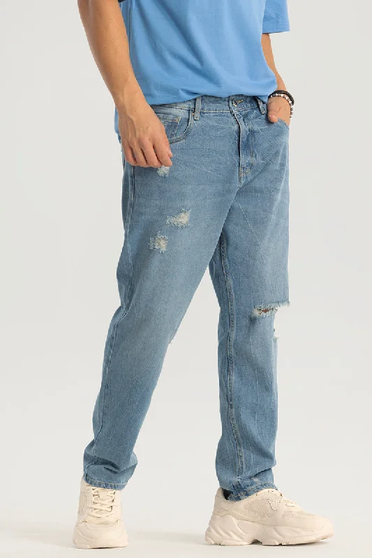 men's hunting pants-Blue Distressed Baggy Fit Jeans