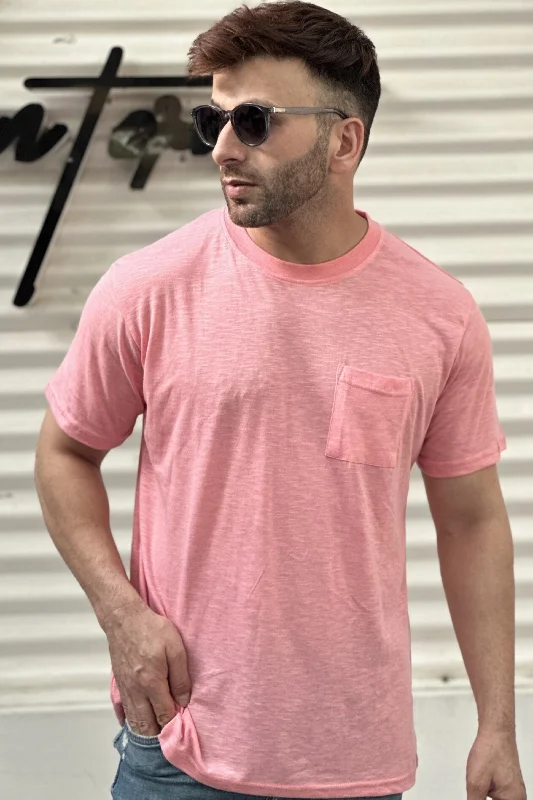 men's logo t-shirts-Peach Oversized Self Design Cotton Pocket T-Shirt