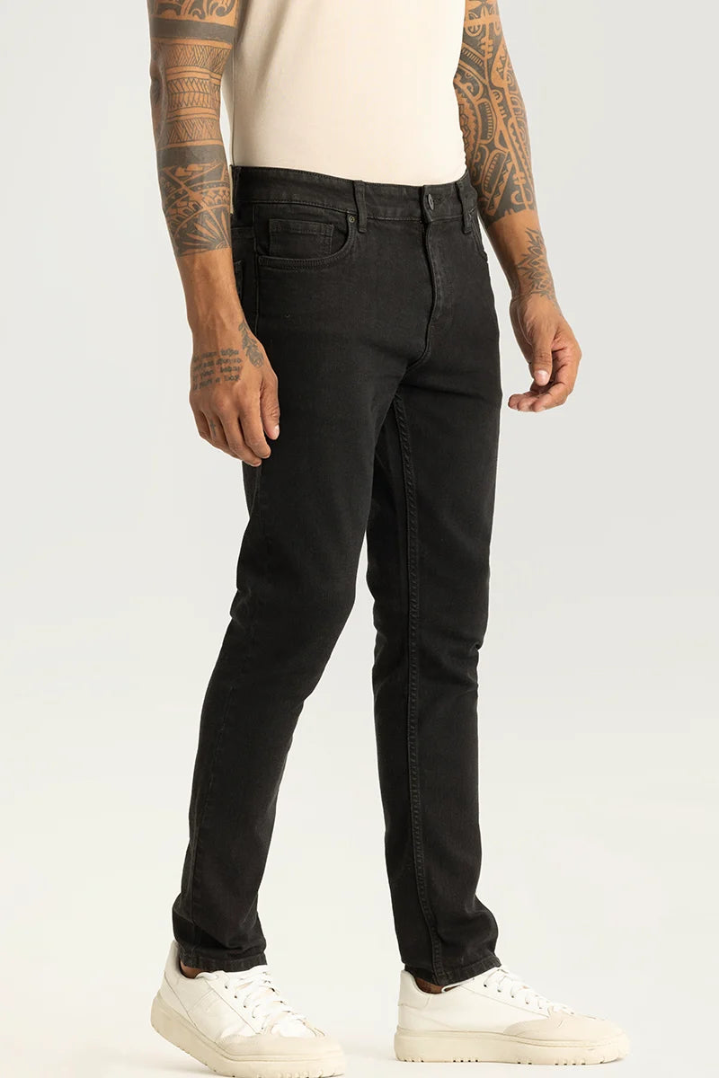 men's streetwear pants-Nexus Black Plain Slim Fit Jeans