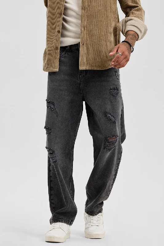 men's sport trousers-Charcoal Grey Distressed Loose Fit Jeans