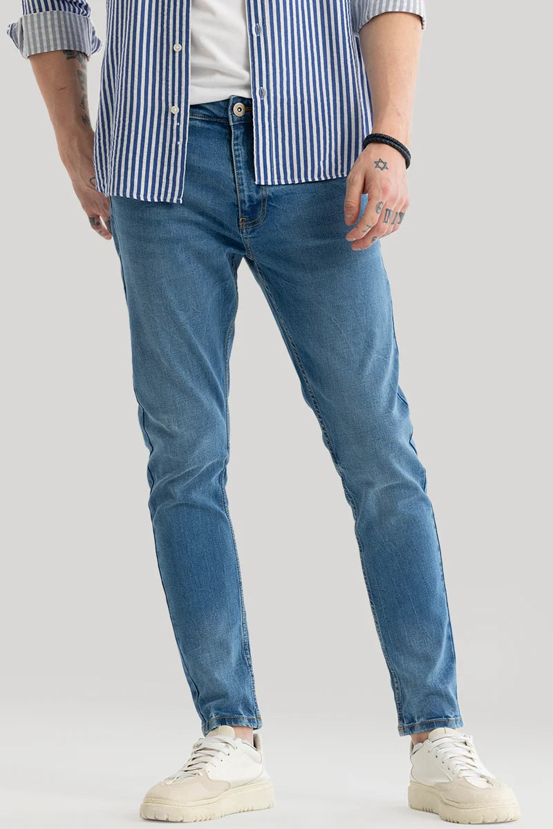 men's drawstring pants-Phantom Sky Blue Plain Skinny Fit Jeans