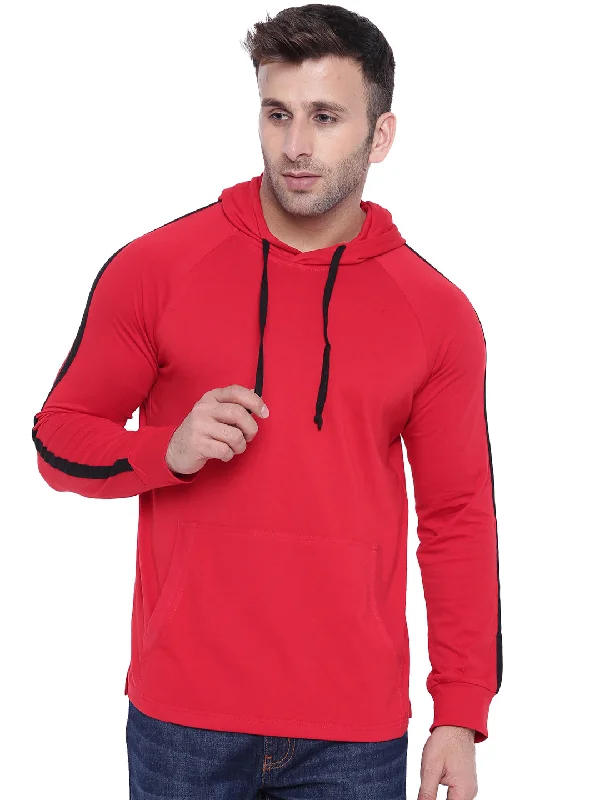 men's windproof hoodies-Red Black Full Sleeve Hooded T-Shirt