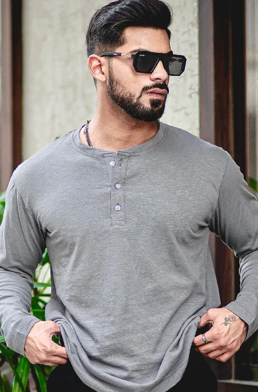 men's long sleeve t-shirts-Dark Grey Self Design Henley T-Shirt