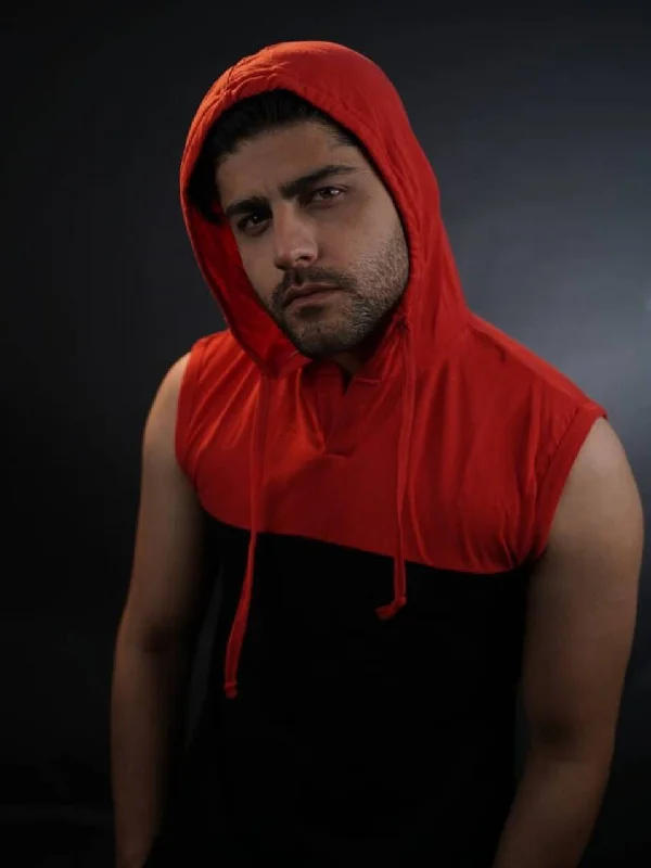 men's zip-up hoodies-Black/Red  Hooded Solid Vest