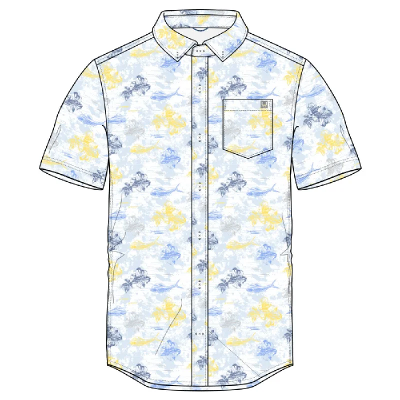 men's long sleeve shirts-Huk Kona KC Printed Short Sleeve Sport Shirt - Marolina Blue