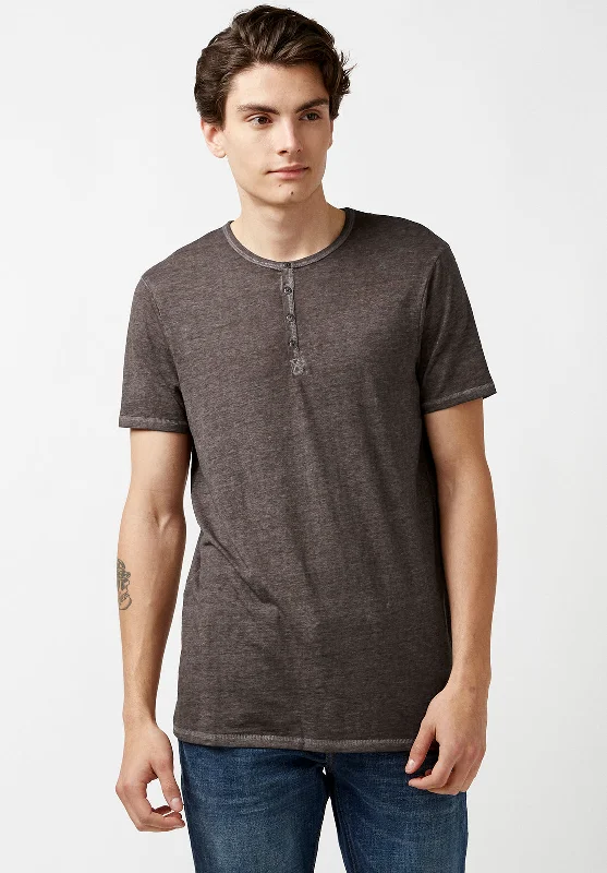 men's blank t-shirts-Kasum Buttoned Henley Men's T-Shirt in Dark Grey - BM21411