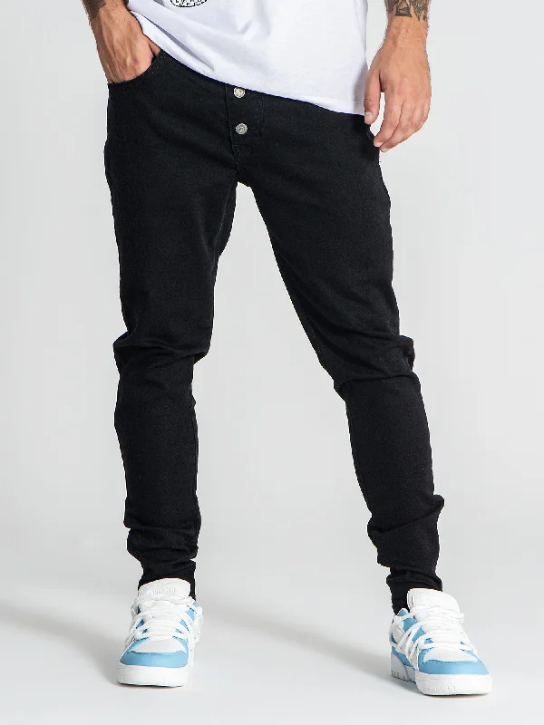 men's evening pants-Black Button Up Zipper Jeans